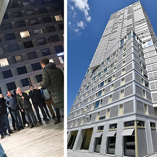 Il responsabile di progetto Fabian Obrist (a destra) presenta questo imponente edificio ai soci di Network. (Foto: Gruppo regionale di Berna; Instagram)